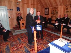W Bro. Gary Fisher presents the Traveling Gavel to Bro. Amos Margeson.