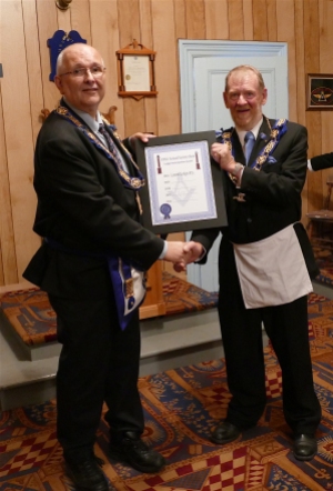 The certificate presentation was made by RW Bro. Phil Adams (on the right – CDMA Treasurer) and accepted on behalf of the lodge by Bro. Amos Margeson (lodge secretary).